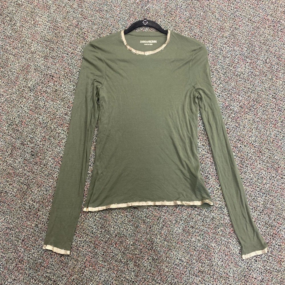 Zadig & Voltaire Willy Gold Long-Sleeve Tee Olive Size Small - Picture 8 of 12